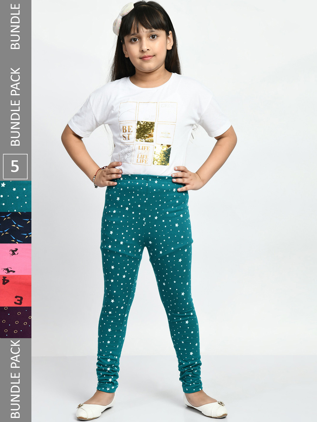 

BAESD Girls Pack Of 5 Printed Pure Cotton Churidar-Length Leggings, Navy blue
