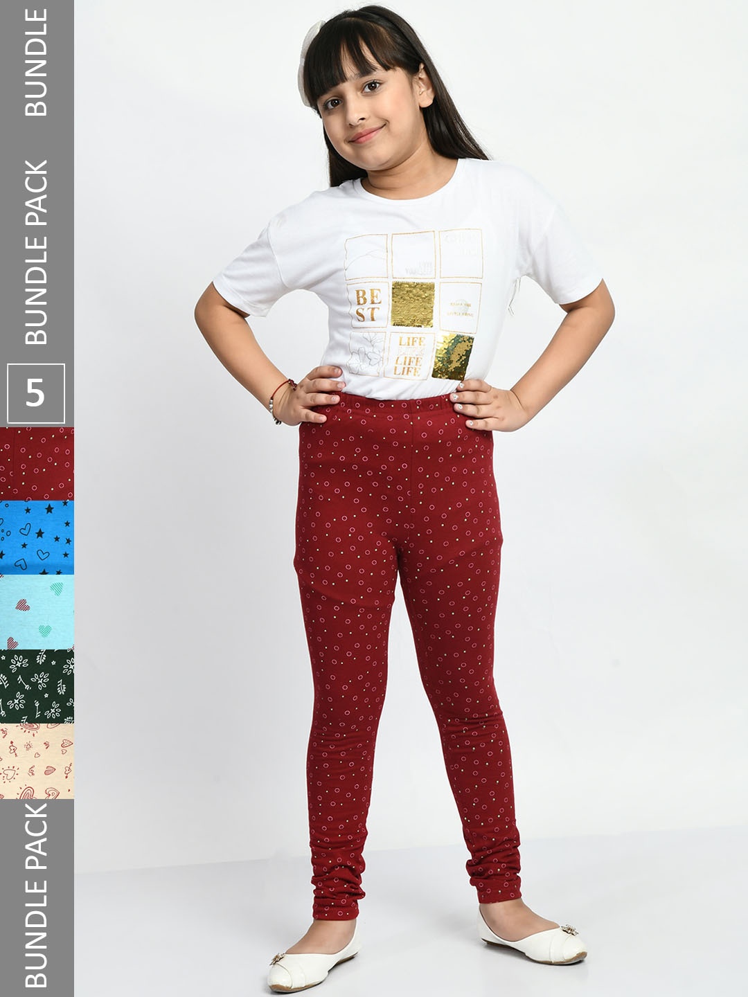 

BAESD Girls Pack Of 5 Printed Cotton Churidar Length Leggings, Green