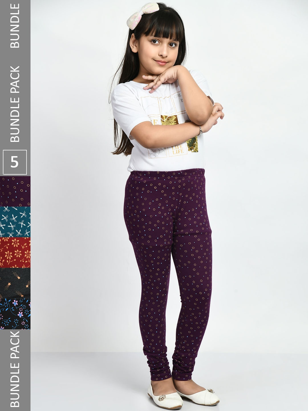 

BAESD Girls Pack Of 5 Printed Pure Cotton Churidar-Length Leggings, Green