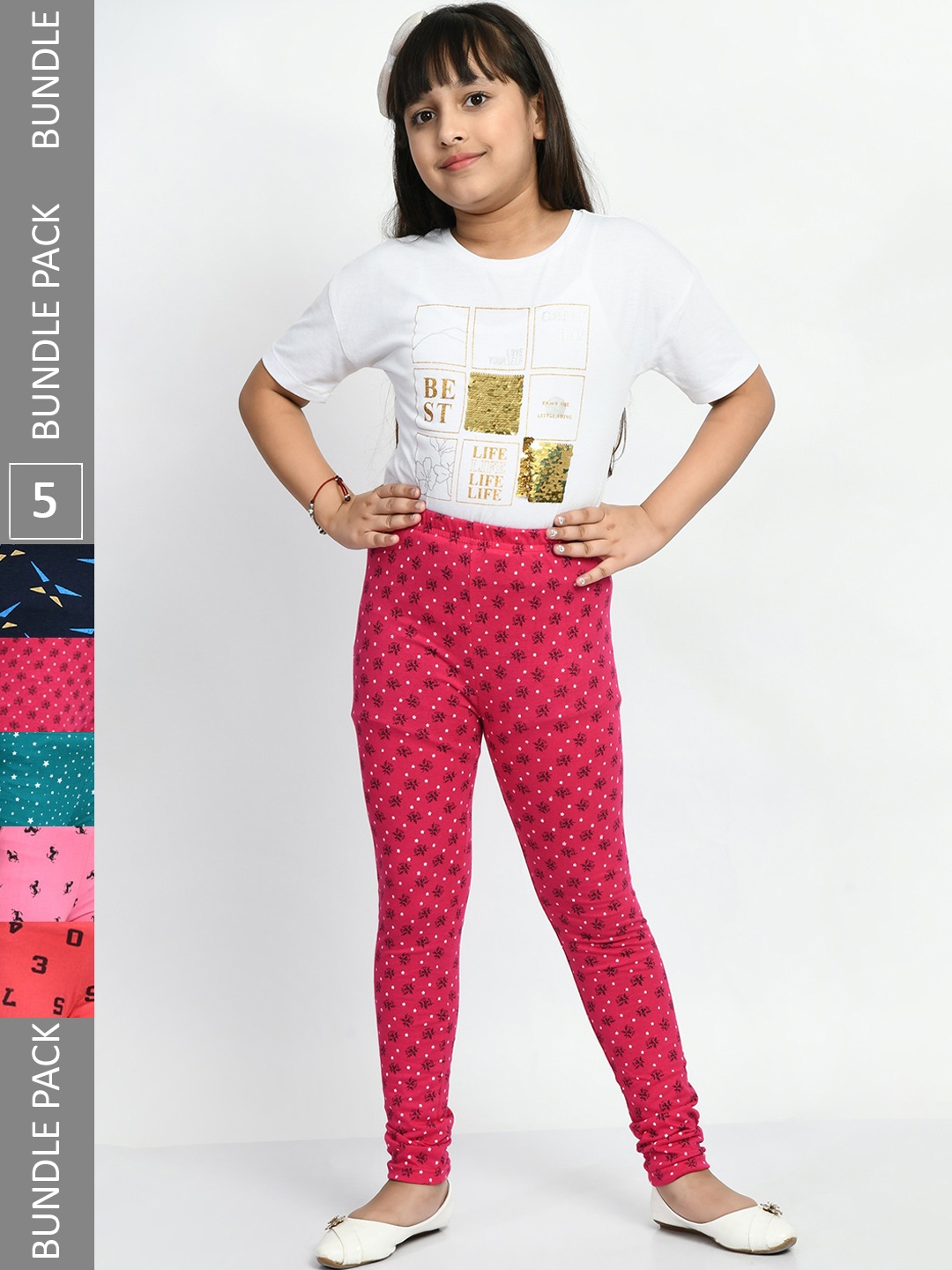 

BAESD Girls Pack Of 5 Printed Churidar-Length Pure Cotton Leggings, Red