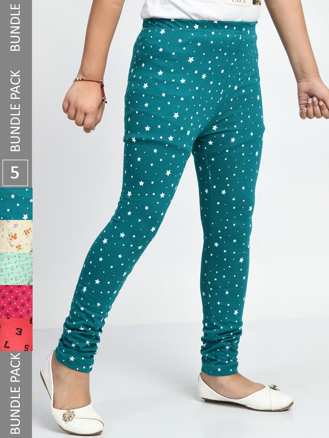 

BAESD Girls Pack Of 5 Printed Pure Cotton Churidar-Length Leggings, Cream