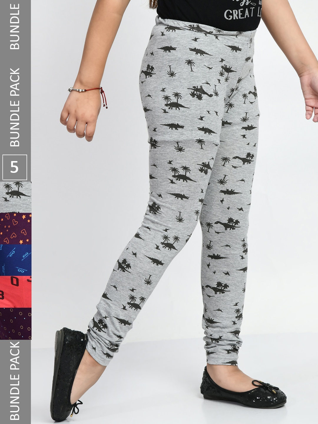 

BAESD Girls Pack Of 5 Printed Pure Cotton Churidar-Length Leggings, Blue