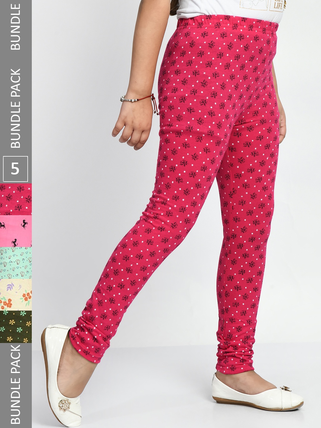 

BAESD Girls Pack Of 5 Printed Pure Cotton Churidar-Length Leggings, Pink
