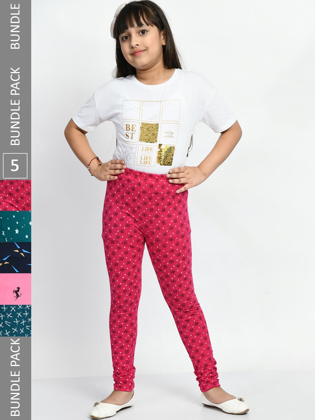 

BAESD Girls Pack Of 5 Printed Pure Cotton Ankle Length Leggings, Pink