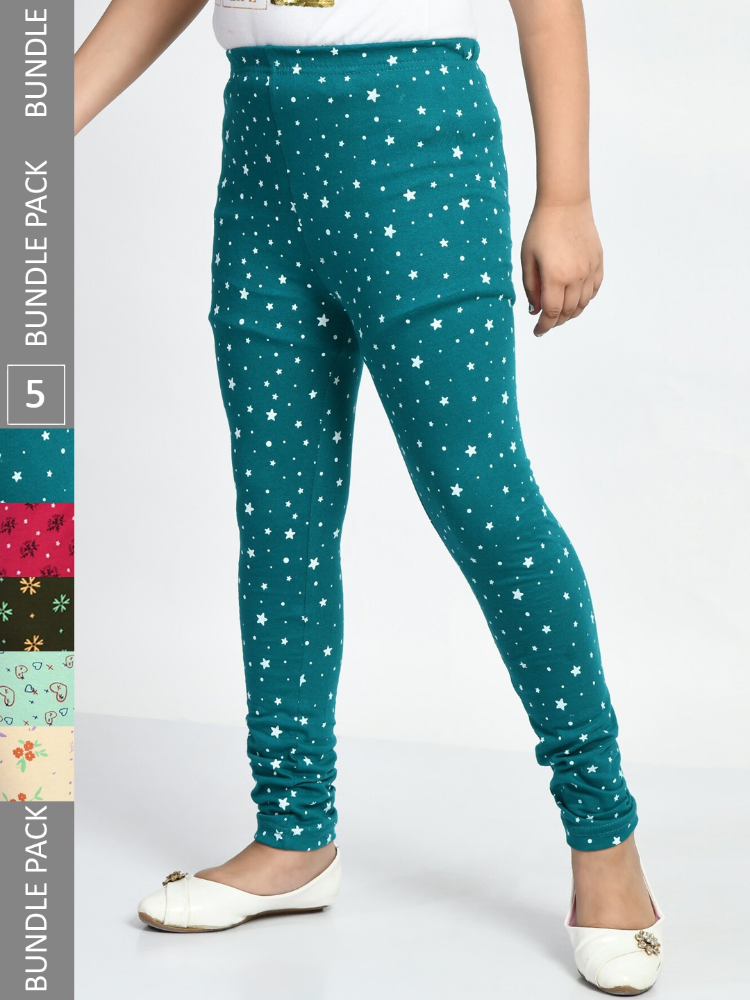 

BAESD Girls Pack Of 5 Printed Pure Cotton Churidar-Length Leggings, Cream
