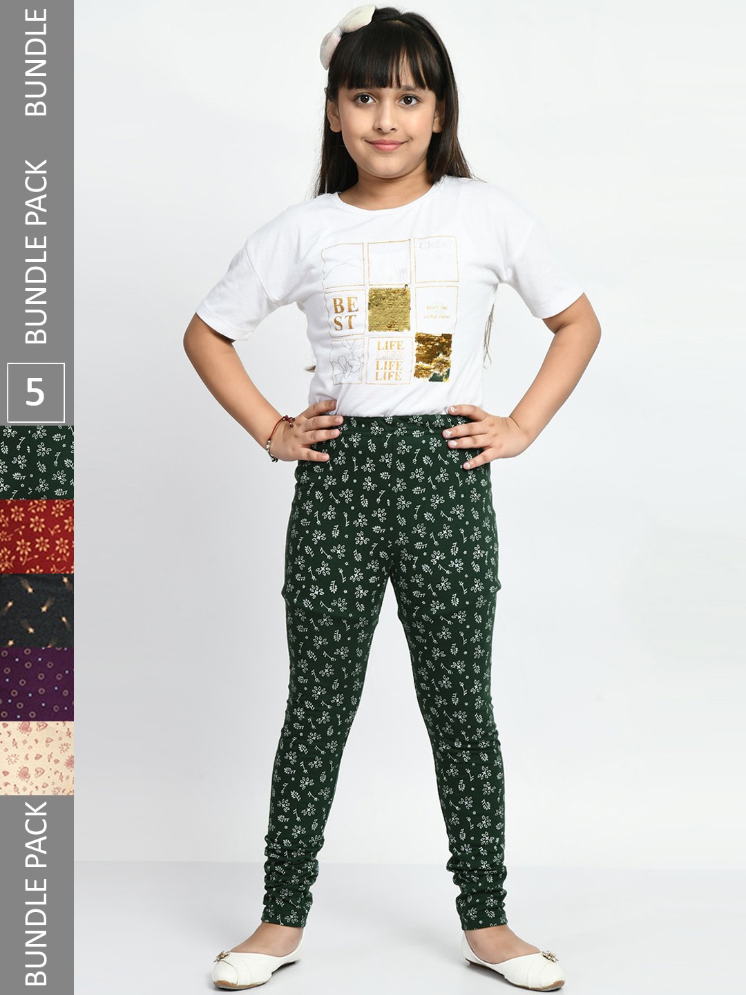 

BAESD Girls Pack Of 5 Printed Pure Cotton Churidar Length Leggings, Green