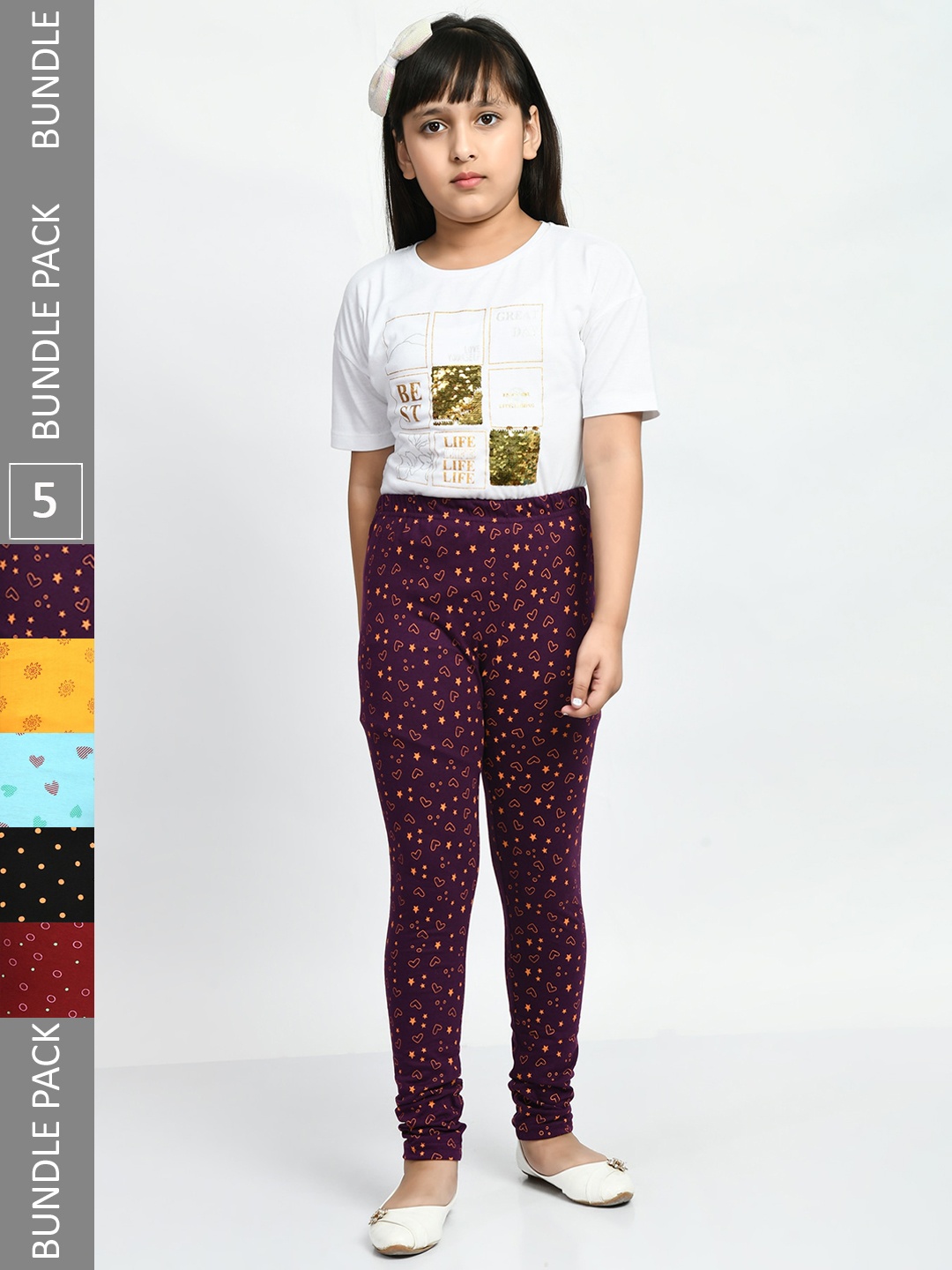 

BAESD Girls Pack Of 5 Printed Cotton Churidar Length Leggings, Purple