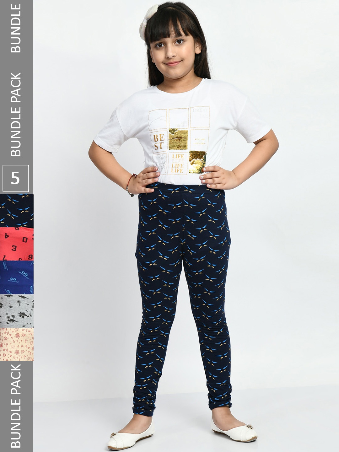 

BAESD Girls Pack Of 5 Printed Churidar-Length Pure Cotton Leggings, Blue
