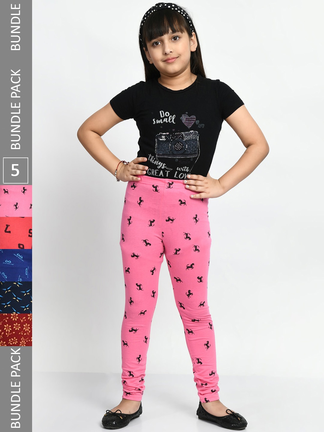 

BAESD Girls Pack Of 5 Printed Churidar Length Pure Cotton Leggings, Pink