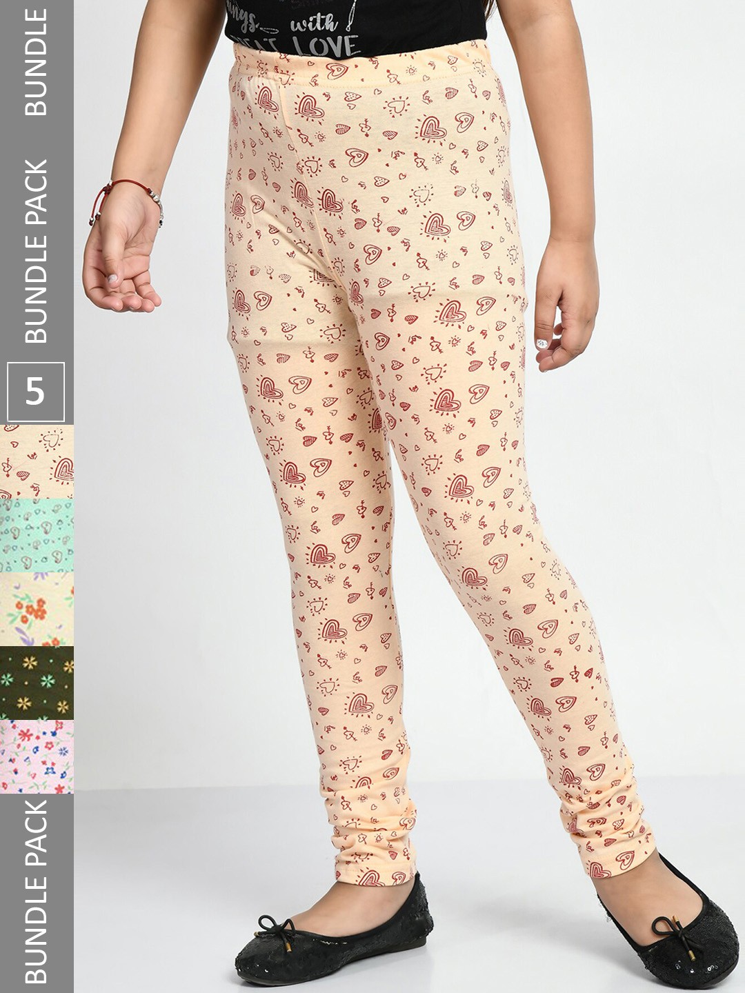 

BAESD Girls Pack Of 5 Printed Pure Cotton Churidar-Length Leggings, Pink