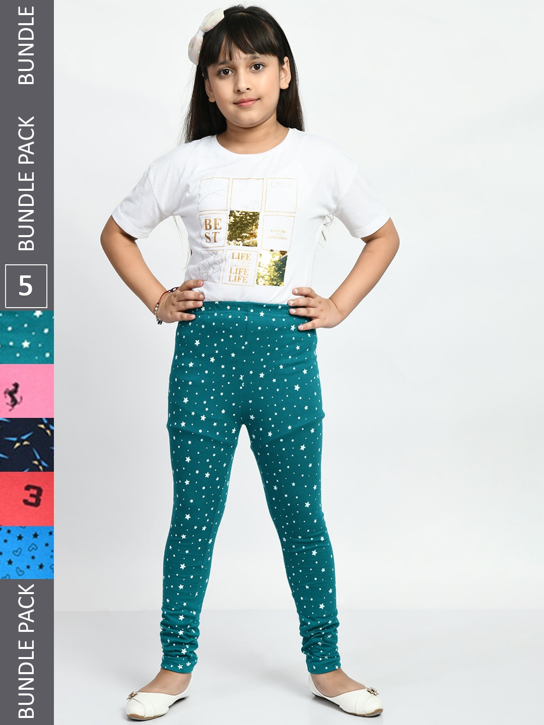 

BAESD Girls Pack Of 5 Conversational Printed Pure Cotton Churidar-Length Leggings, Blue