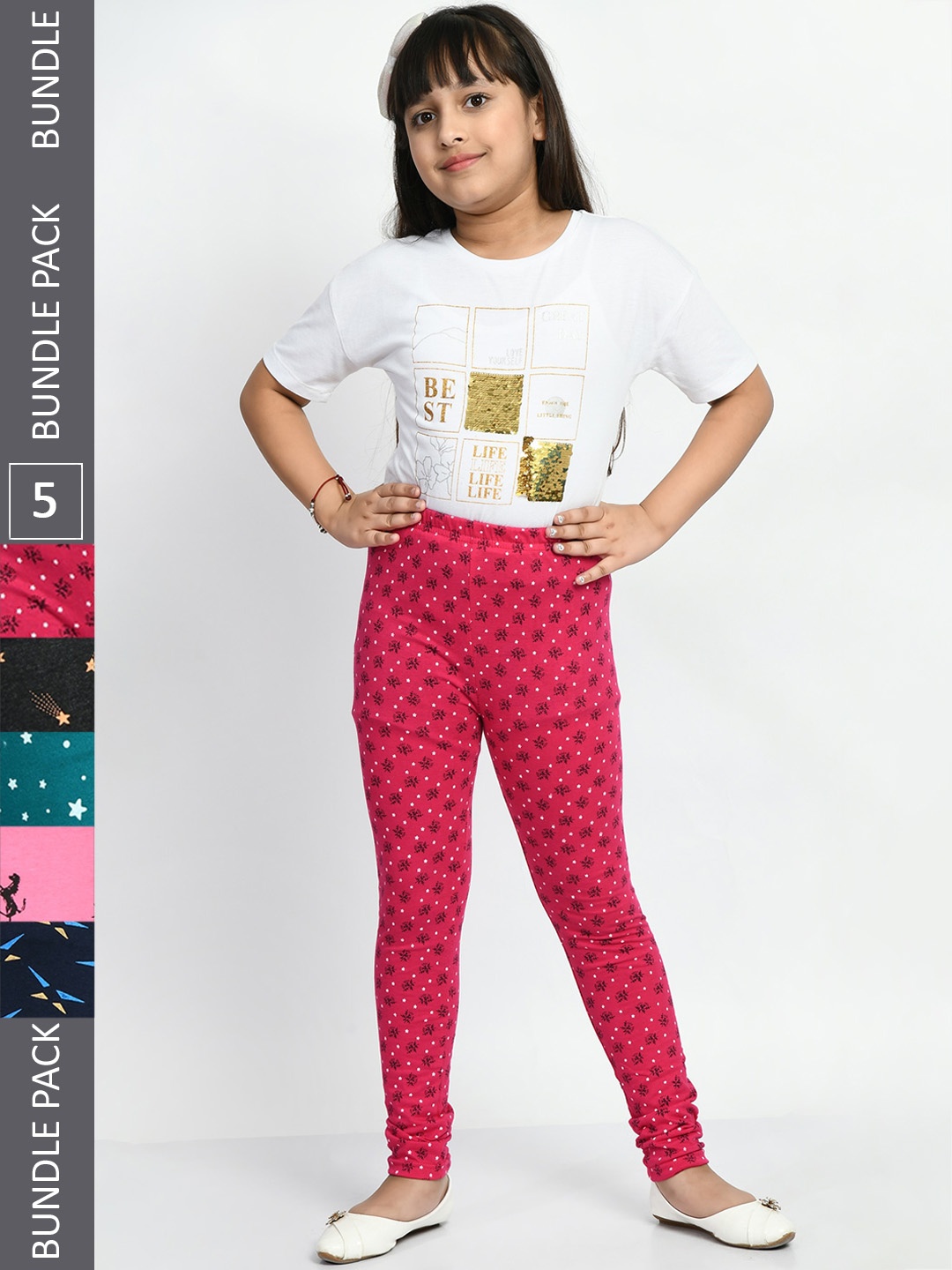 

BAESD Girls Pack of 5 Printed Pure Cotton Leggings, Pink