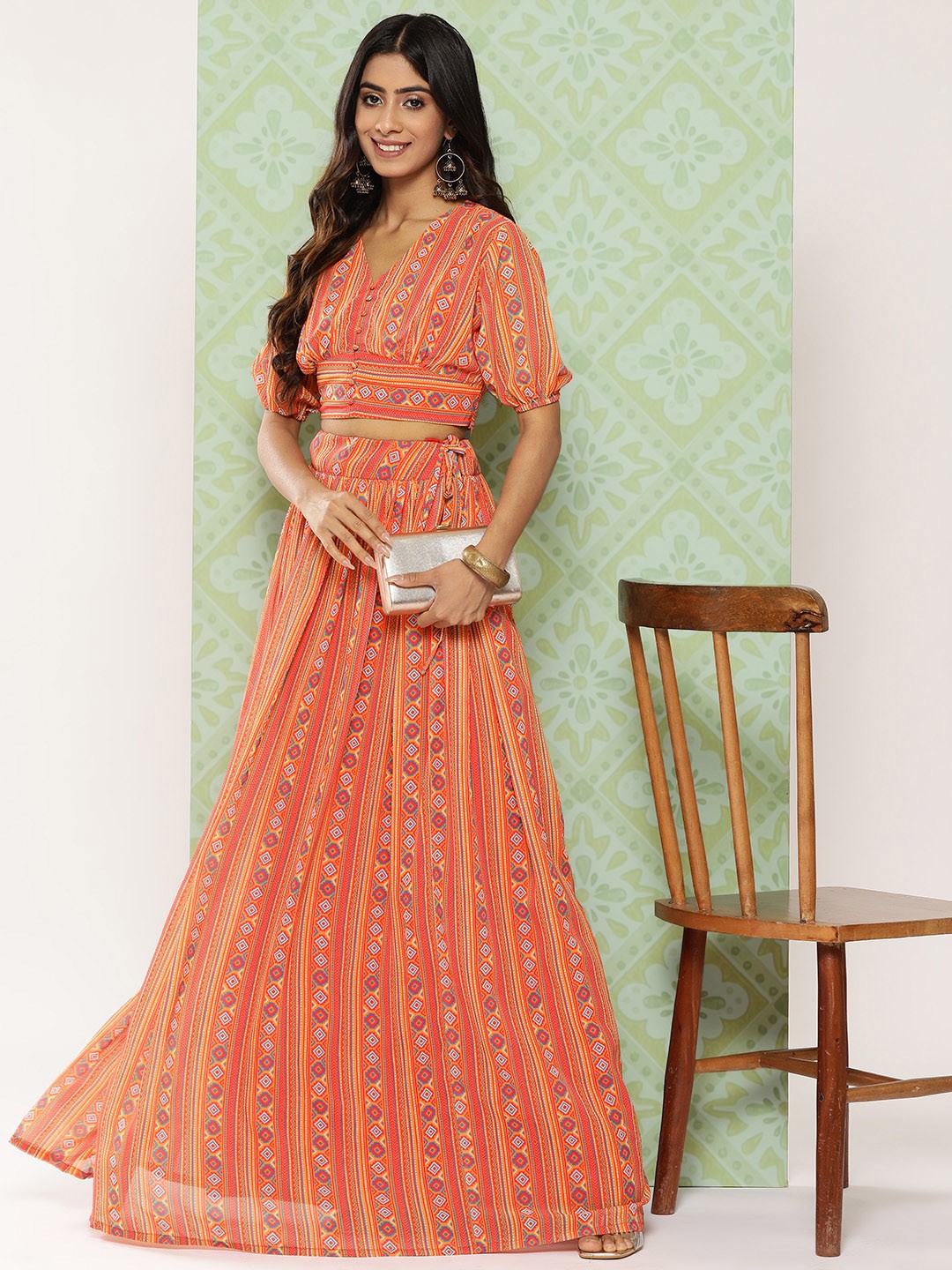 

Janasya Printed Ready to Wear Lehenga & Choli, Orange