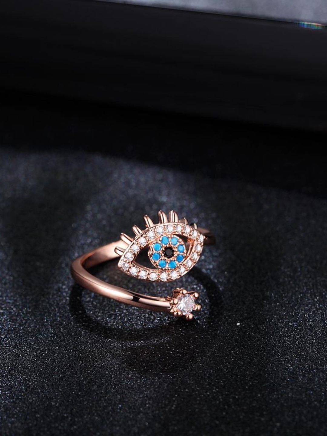 

MYKI Rose Gold-Plated CZ Studded Evil Eye Adjustable Finger Ring