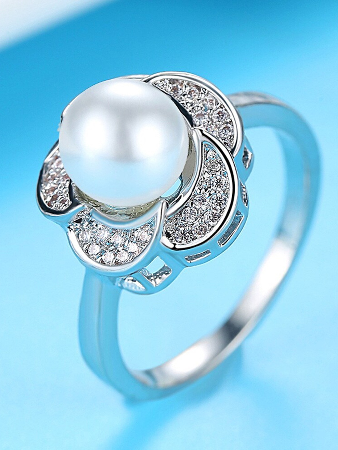 

MYKI Silver-Plated CZ-Studded & Beaded Finger Ring