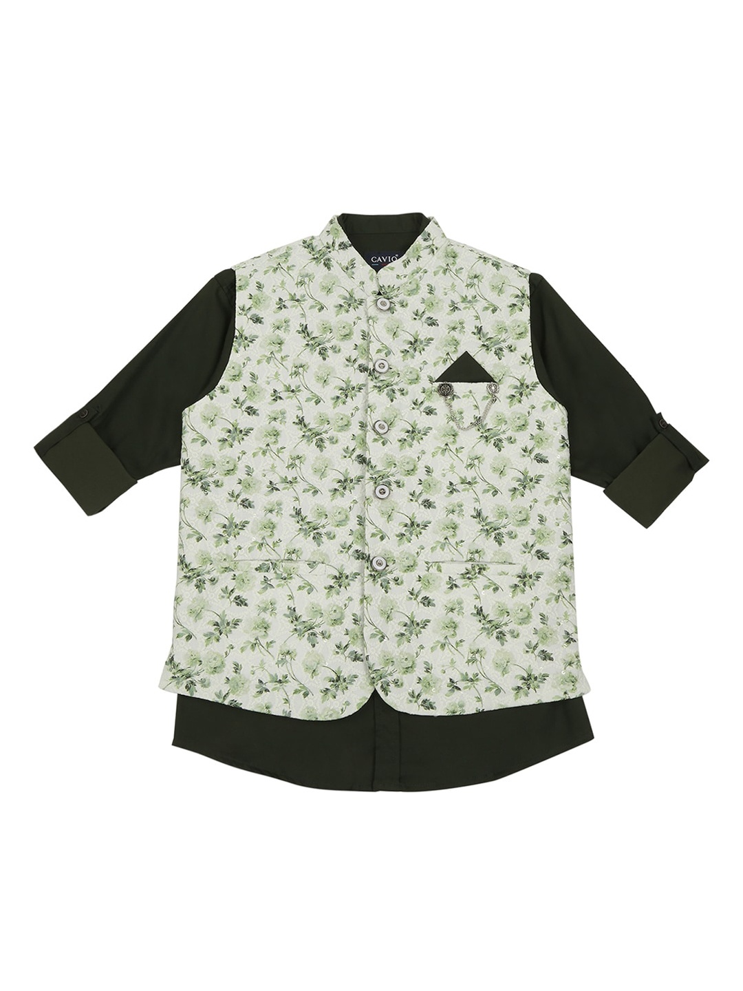 

CAVIO Boys Printed Pure Cotton Slim-Fit Nehru Jackets With Shirt, Green