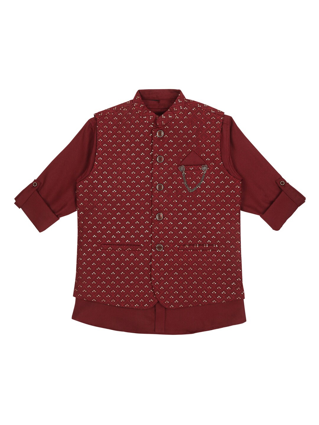 

CAVIO Boys Embroidered Pure Cotton Slim-Fit Nehru Jackets With Shirt, Maroon