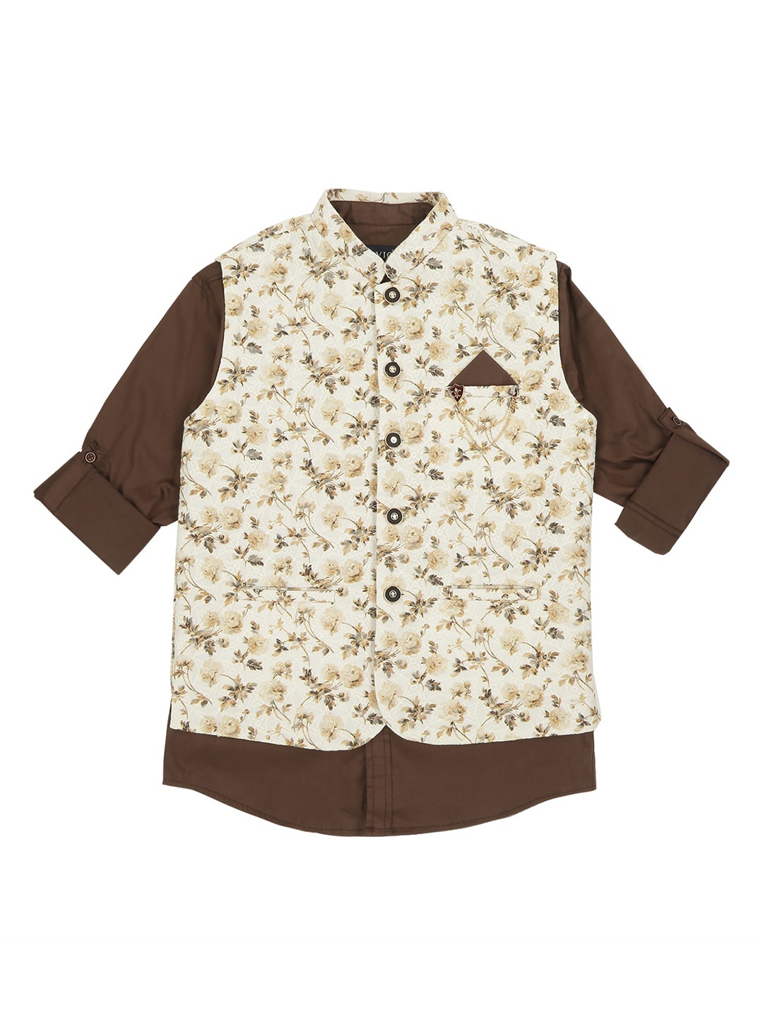 

CAVIO Boys Printed Pure Cotton Slim-Fit Nehru Jackets, Beige