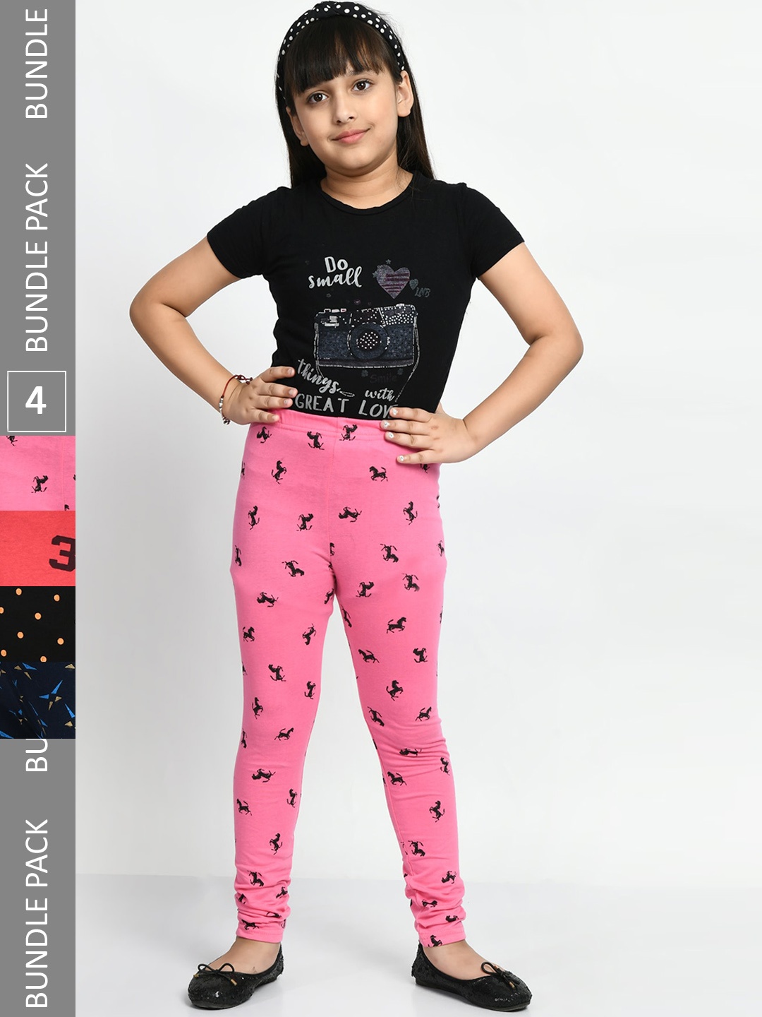 

BAESD Girls Pack Of 4 Printed Churidar Length Pure Cotton Leggings, Pink