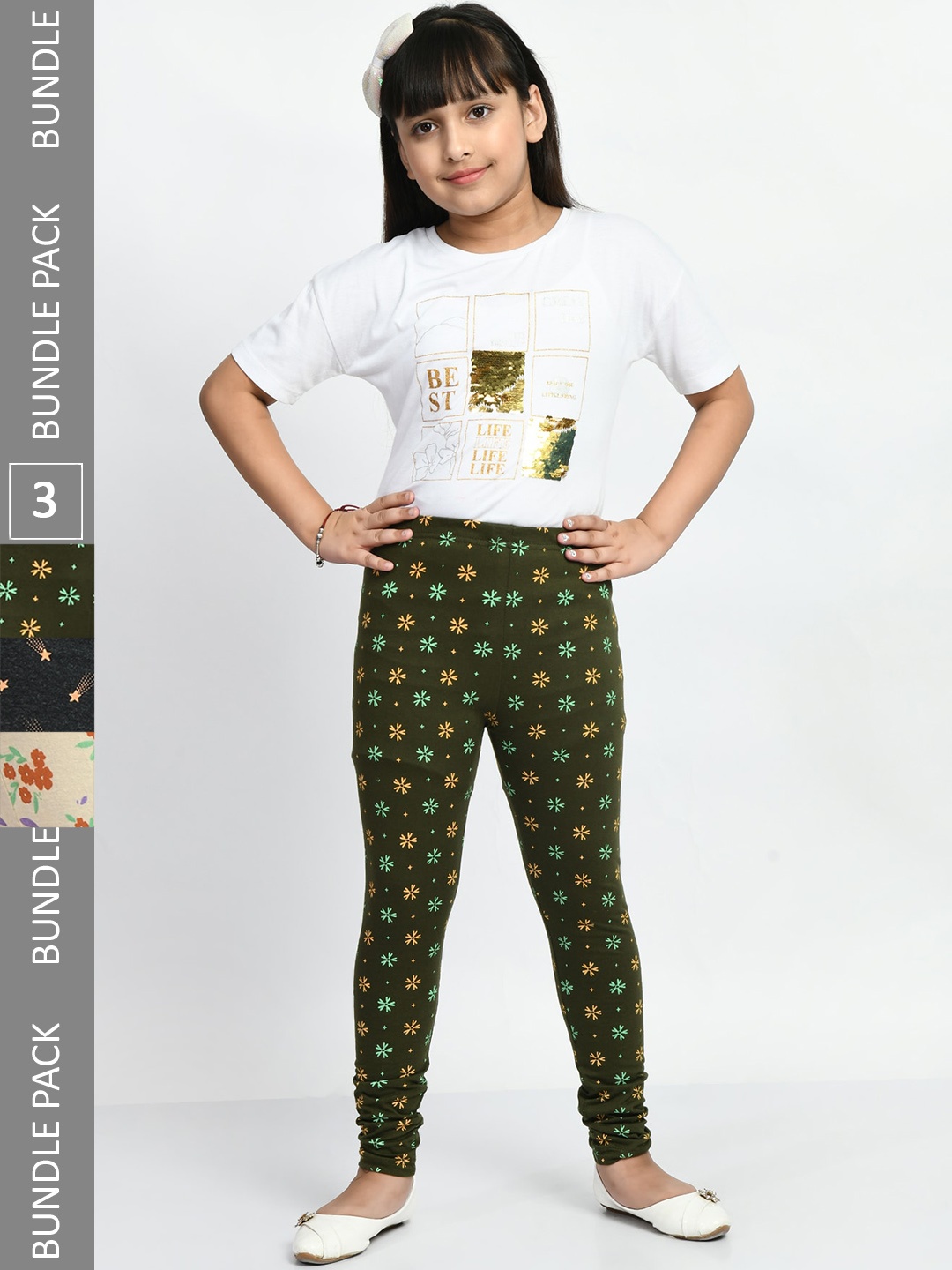 

BAESD Girls Pack Of 3 Printed Pure Cotton Churidar Length Leggings, Olive