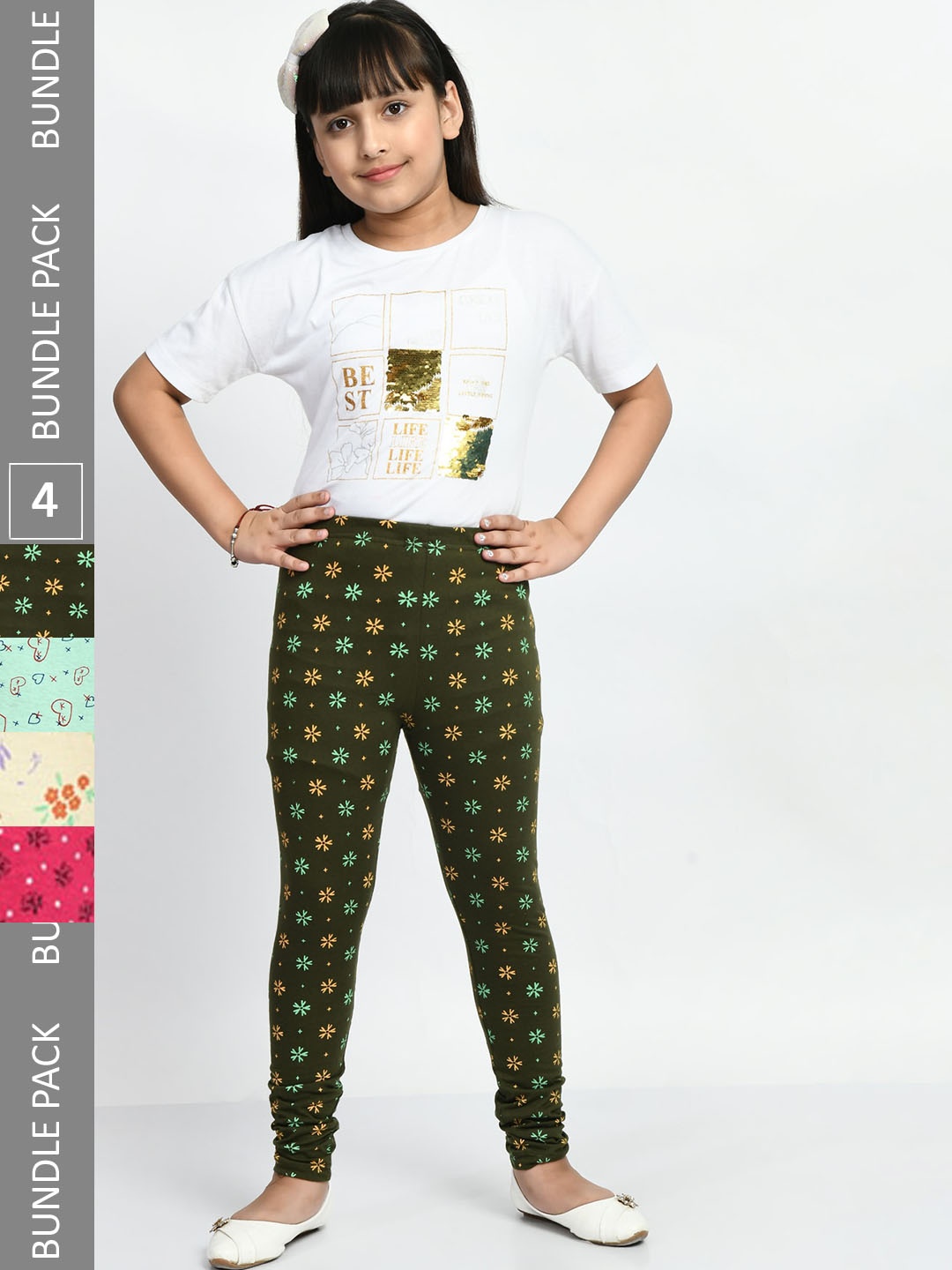 

BAESD Girls Pack of 4 Printed Pure Cotton Leggings, Olive