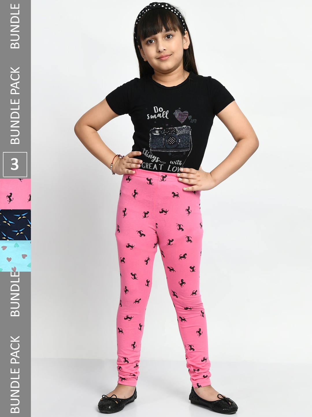 

BAESD Girls Pack Of 3 Printed Super Soft Cotton Churidar-Length Leggings, Navy blue