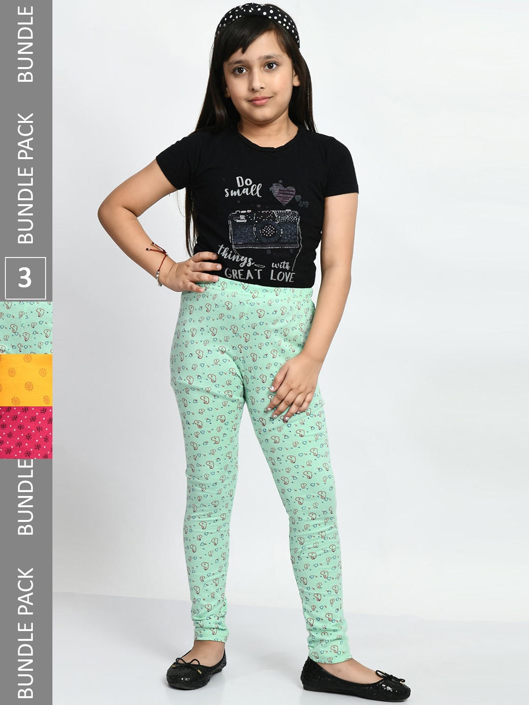 

BAESD Girls Pack of 3 Printed Super Soft Pure Cotton Churidar- Length Leggings, Yellow