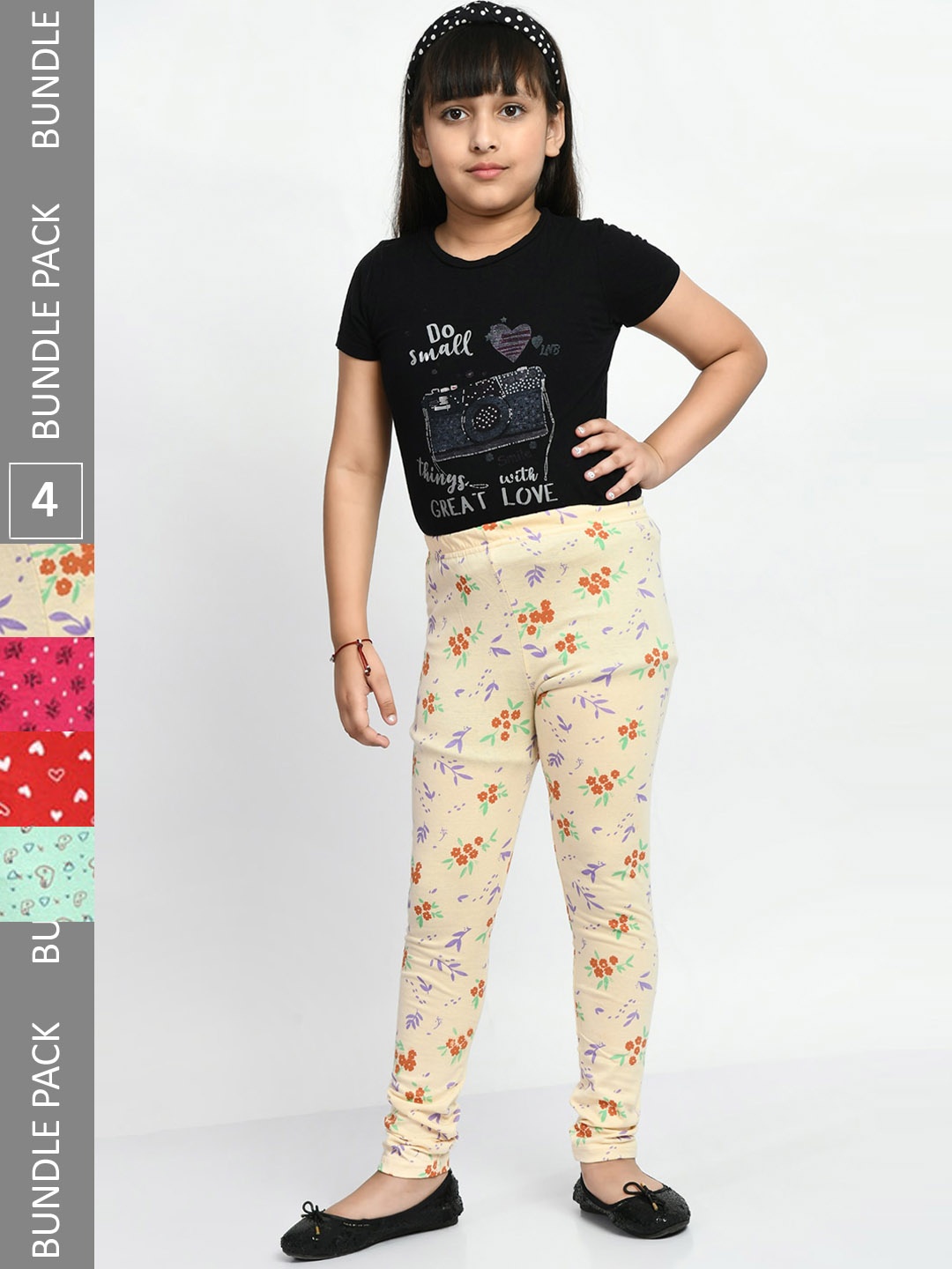 

BAESD Girls Pack Of 4 Printed Pure Cotton Churidar-Length Leggings, Pink