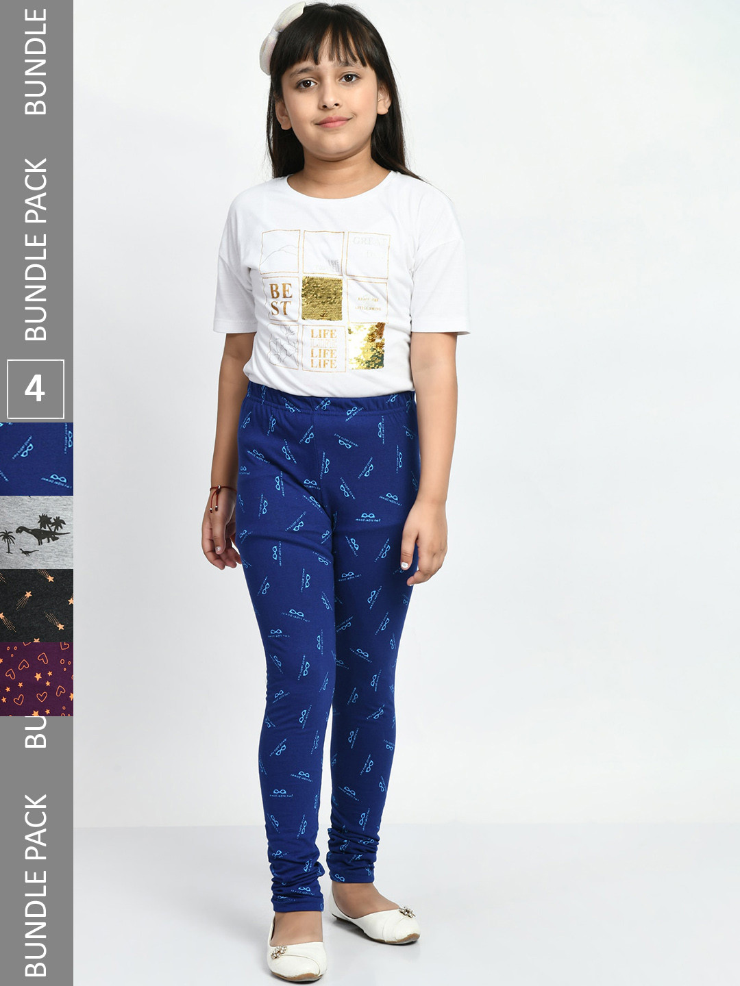 

BAESD Girls Pack Of 4 Printed Super Soft Cotton Churidar-Length Leggings, Blue