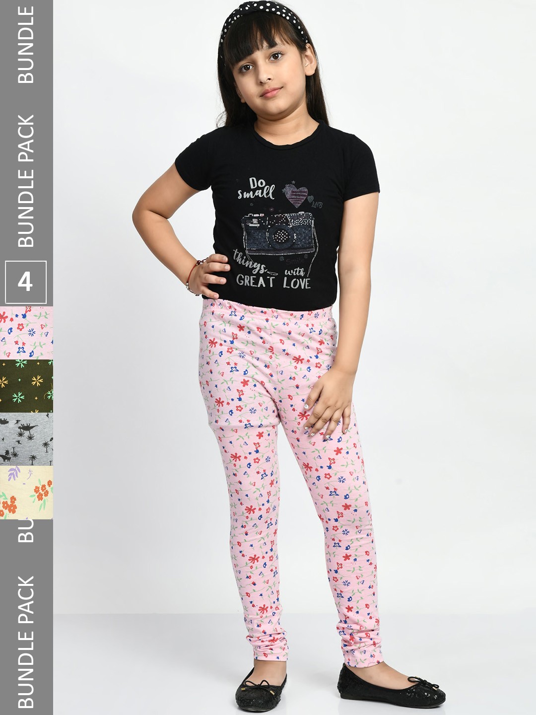 

BAESD Girls Pack Of 4 Printed Pure Cotton Churidar Length Leggings, Pink