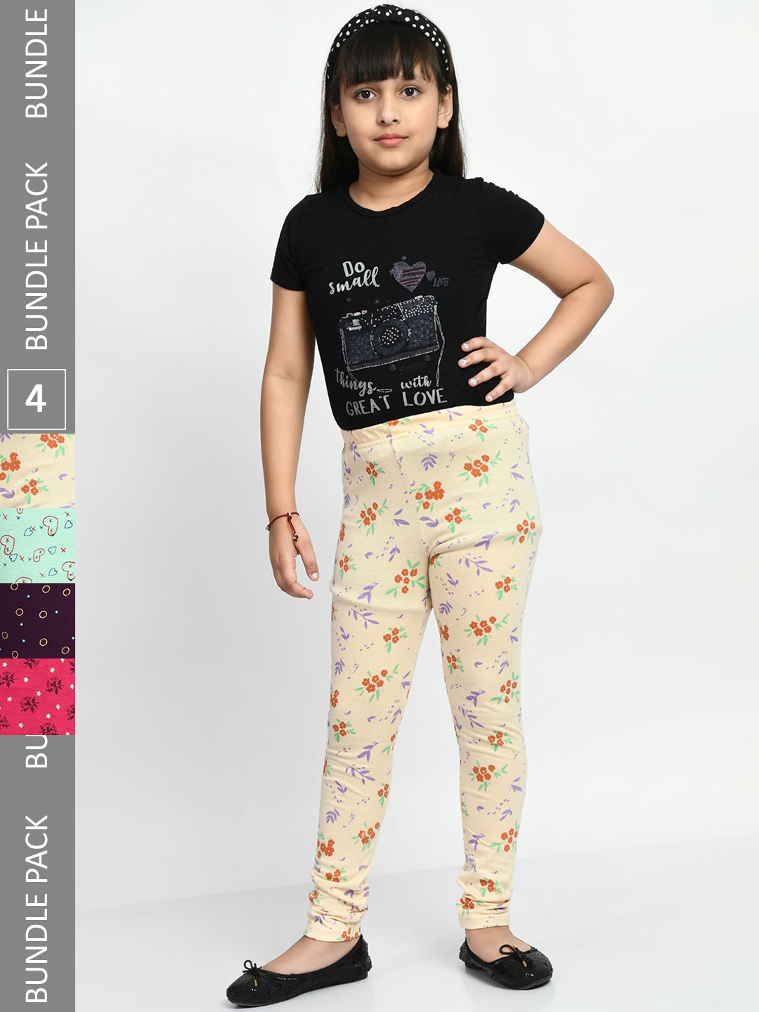 

BAESD Girls Pack Of 4 Printed Churidar Length Pure Cotton Leggings, Pink