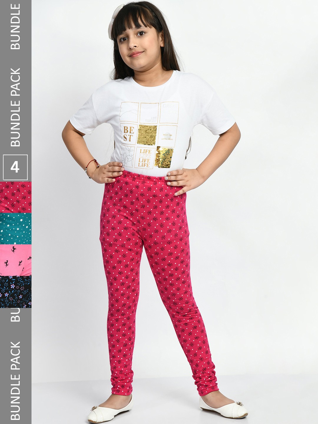 

BAESD Girls Pack Of 4 Printed Pure Cotton Churidar Length Leggings, Pink