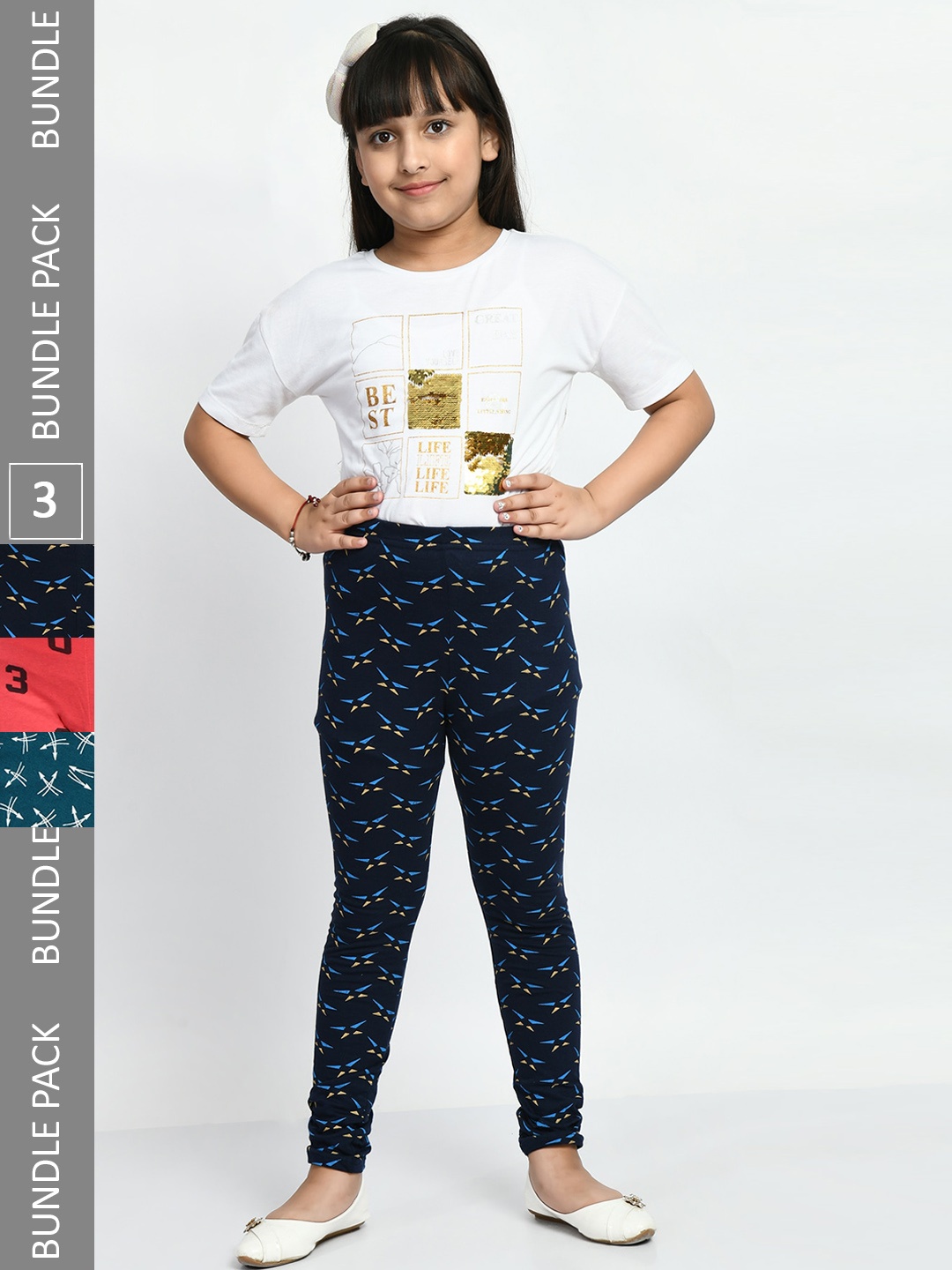 

BAESD Girls Pack Of 3 Conversational Printed Pure Cotton Churidar-Length Leggings, Navy blue