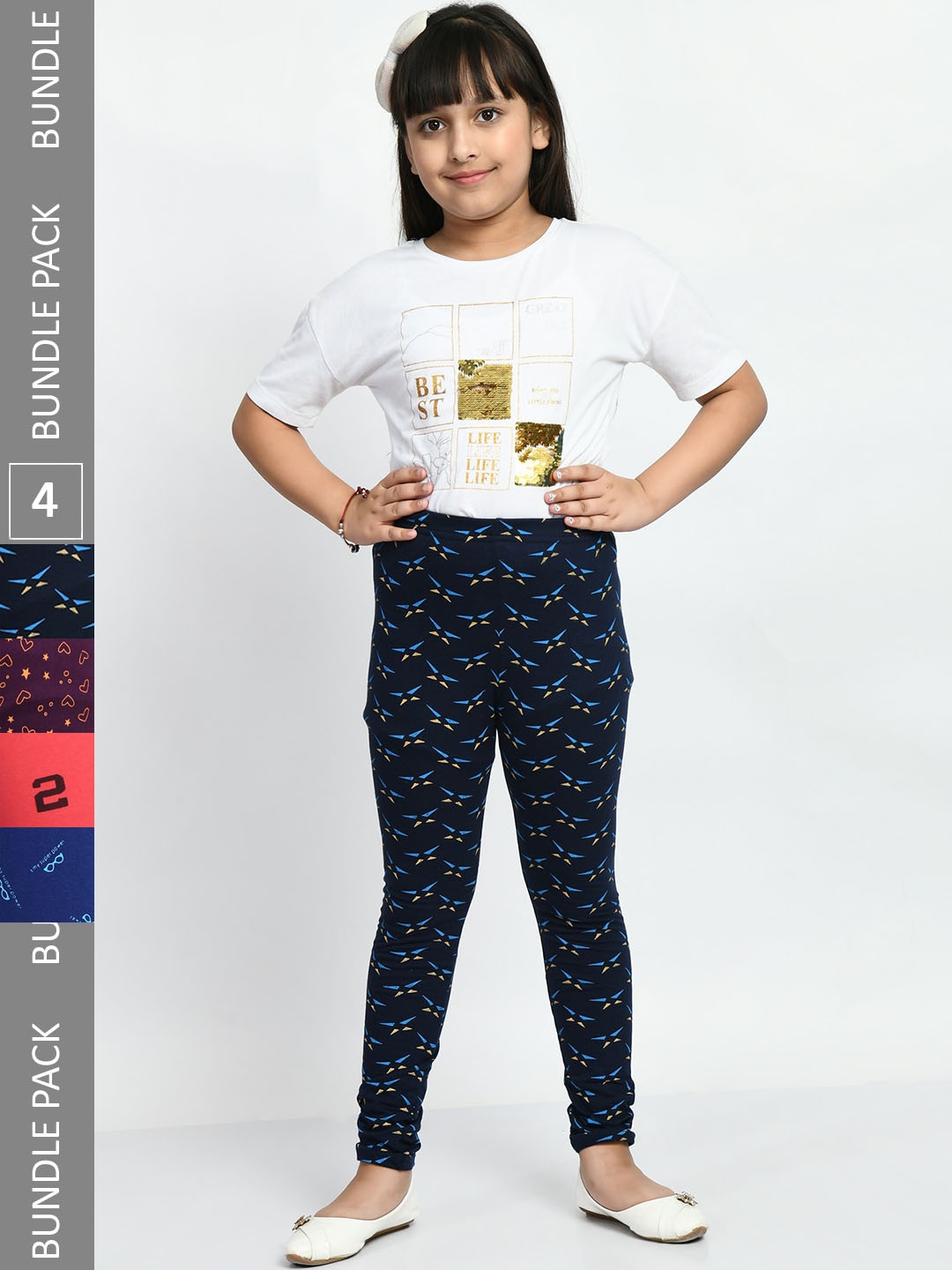

BAESD Girls Pack Of 4 Printed Churidar Length Pure Cotton Leggings, Blue