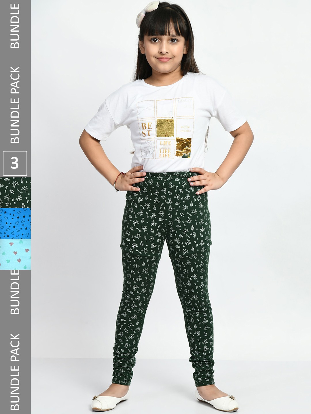 

BAESD Girls Pack Of 3 Conversational Printed Pure Cotton Churidar-Length Leggings, Blue