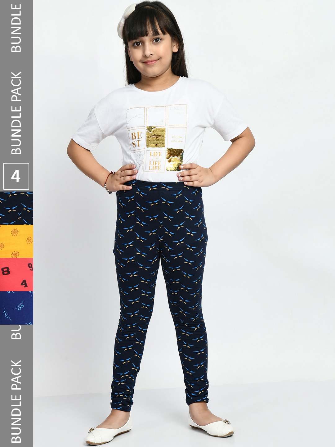 

BAESD Girls Pack Of 4 Printed Super Soft Cotton Churidar-Length Leggings, Yellow