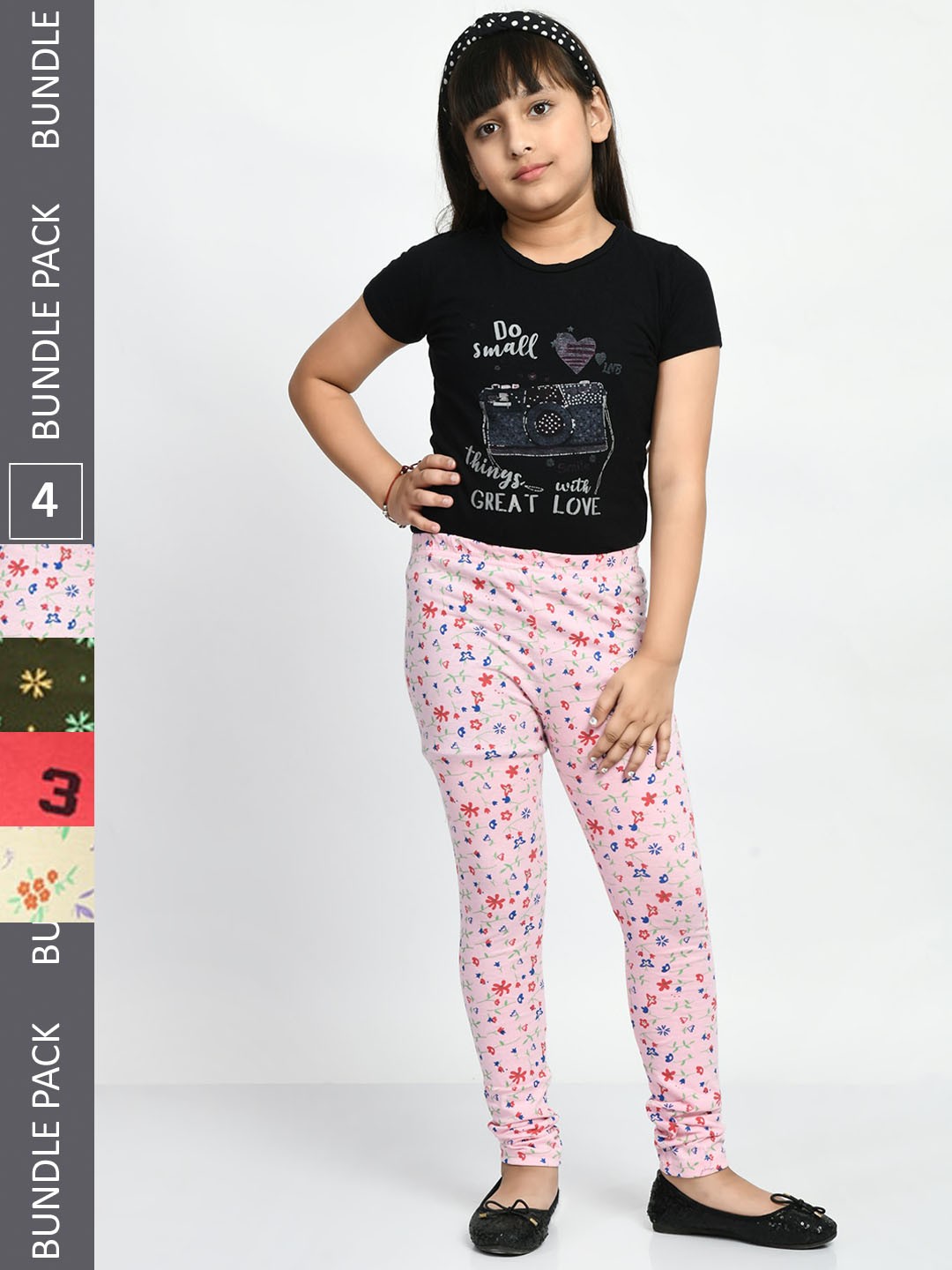 

BAESD Girls Pack Of 4 Printed Churidar Length Pure Cotton Leggings, Pink
