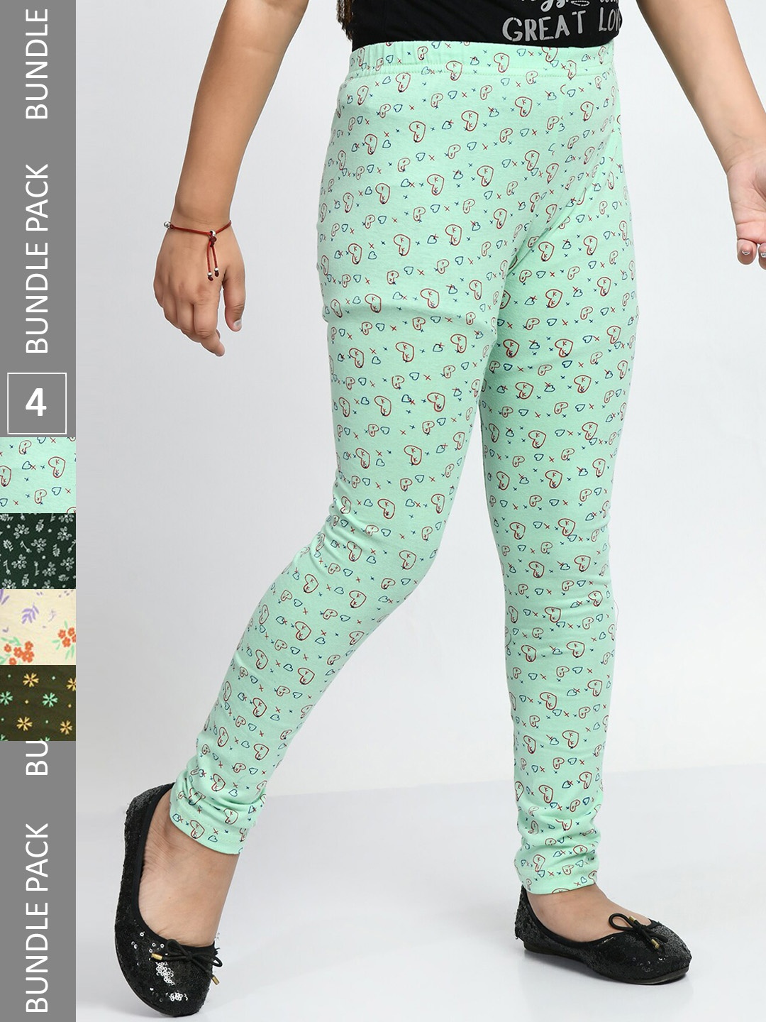 

BAESD Girls Pack Of 4 Printed Churidar Length Pure Cotton Leggings, Green