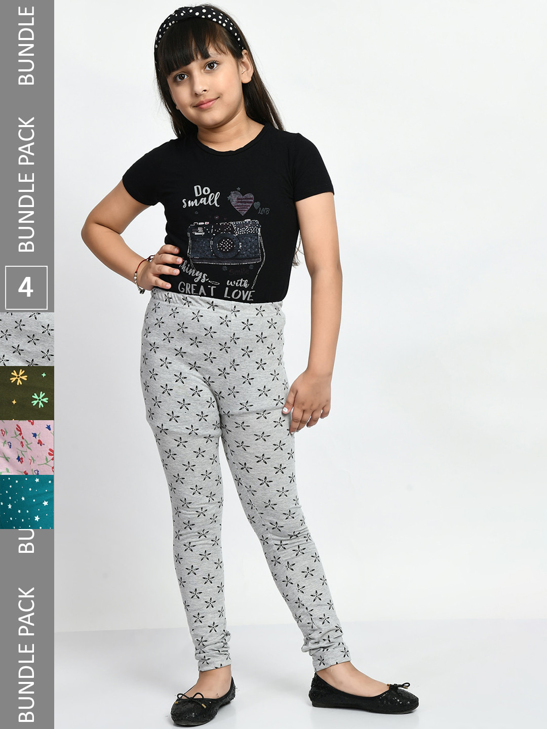 

BAESD Girls Pack Of 4 Printed Churidar Length Pure Cotton Leggings, Grey