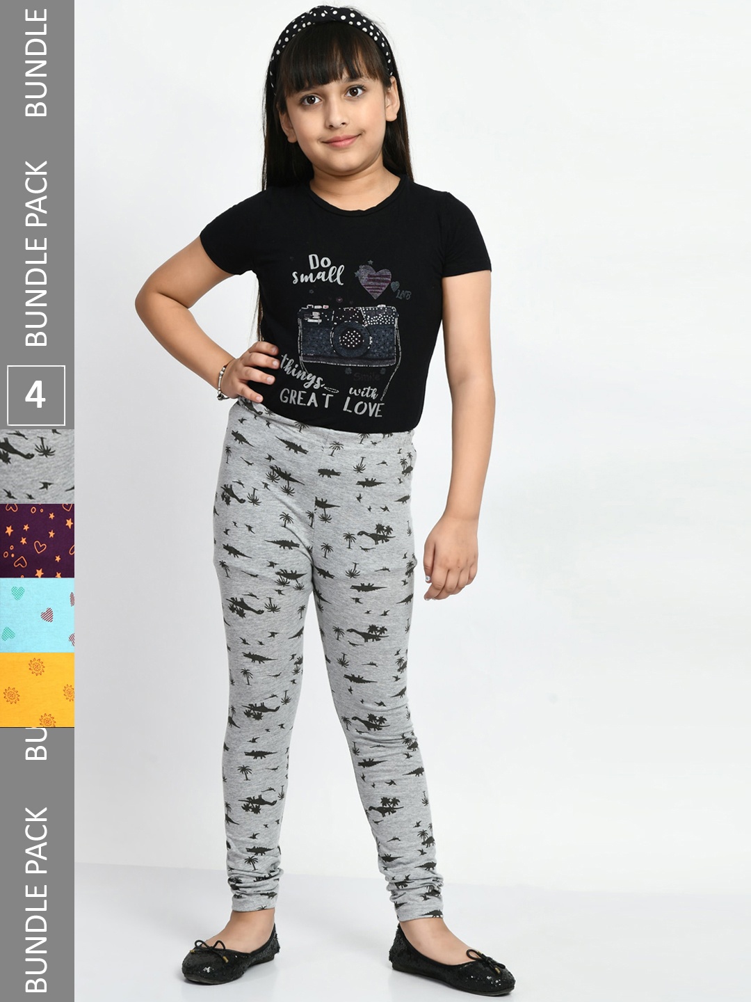 

BAESD Girls Pack of 4 Printed Super Soft Pure Cotton Churidar- Length Leggings, Grey