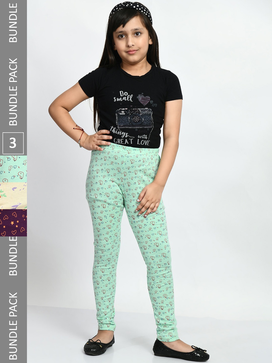 

BAESD Girls Pack Of 3 Printed Pure Cotton Churidar-Length Leggings, Beige