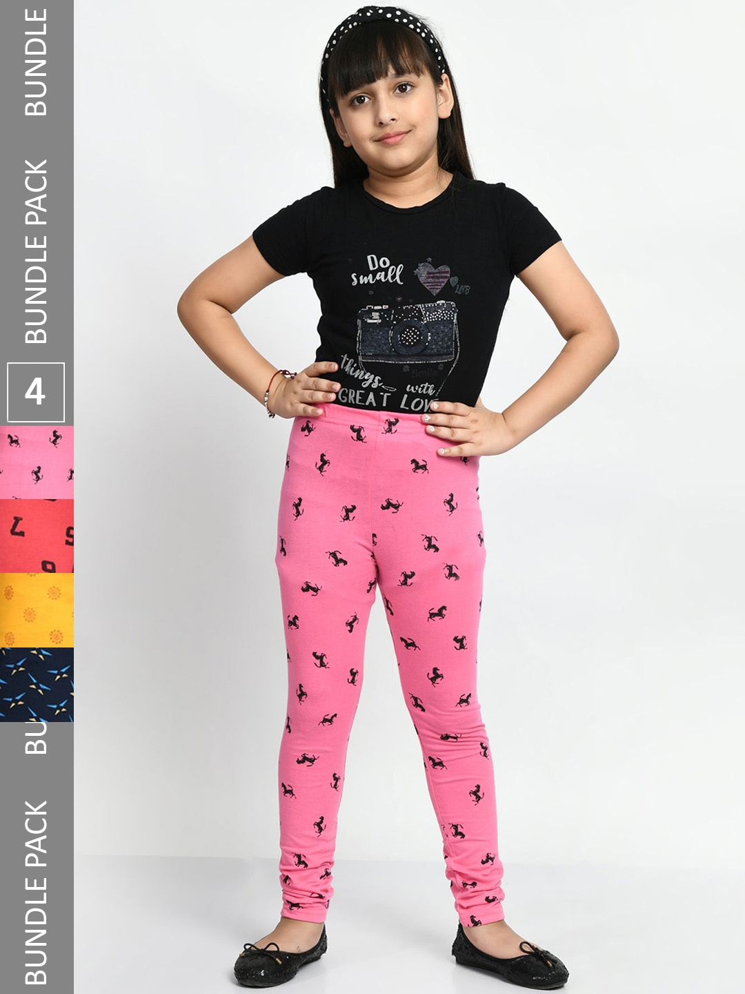 

BAESD Girls Pack Of 4 Printed Cotton Churidar-Length Leggings, Yellow