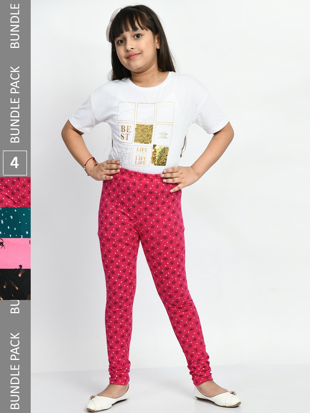 

BAESD Girls Pack of 4 Printed Pure Cotton Leggings, Pink