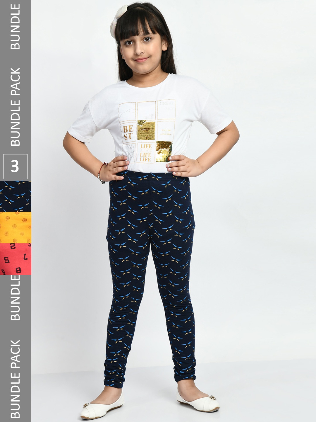 

BAESD Girls Pack Of 3 Printed Pure Cotton Churidar Length Leggings, Yellow