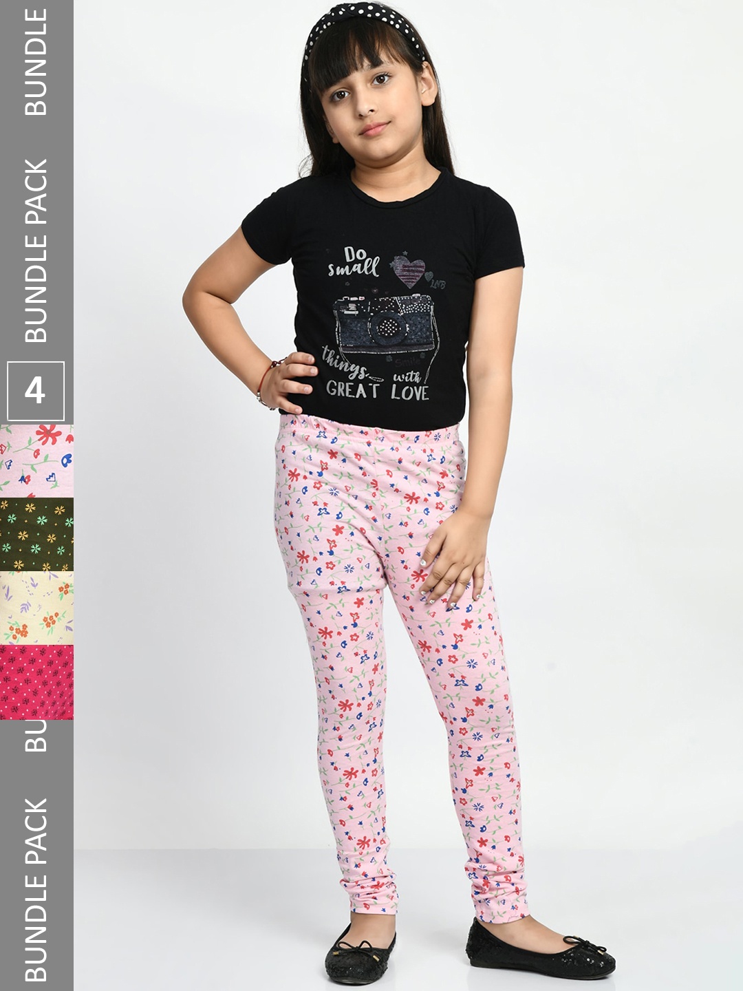 

BAESD Girls Pack Of 4 Printed Super Soft Pure Cotton Churidar-Length Leggings, Pink