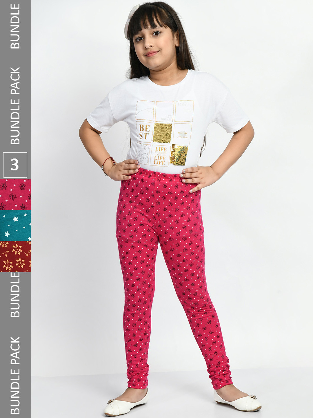 

BAESD Girls Pack of 3 Printed Super Soft Pure Cotton Churidar- Length Leggings, Pink