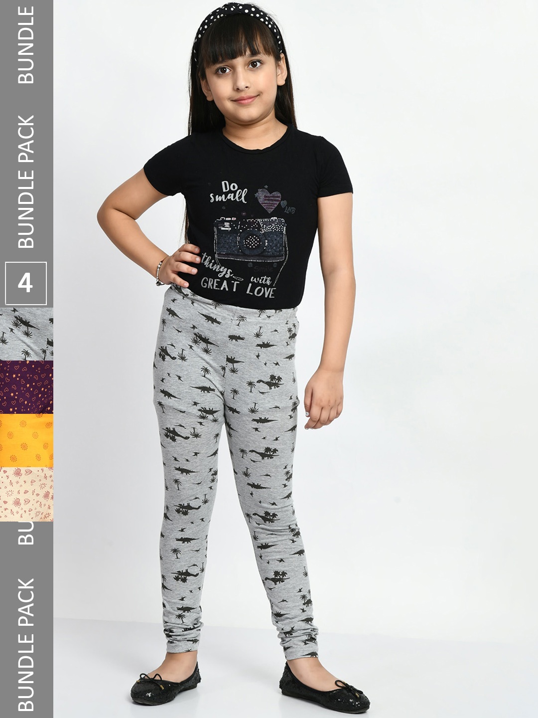 

BAESD Girls Pack Of 4 Printed Pure Cotton Churidar-Length Leggings, Grey