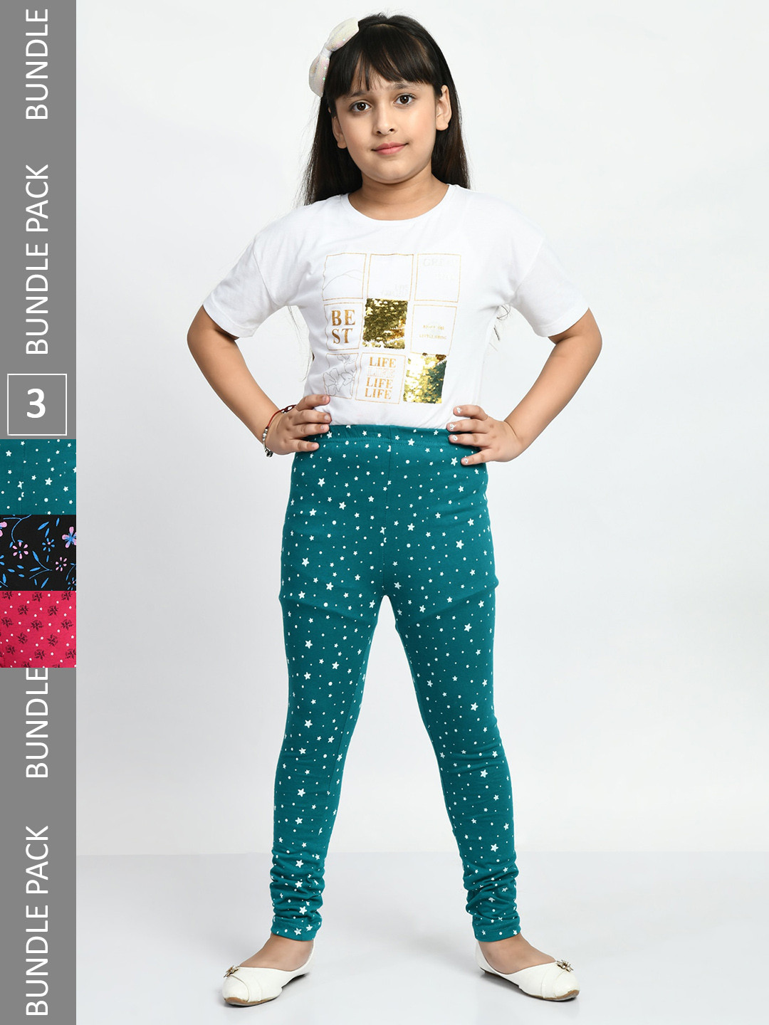 

BAESD Girls Pack Of 3 Printed Pure Cotton Super Soft Churidar-Length Leggings, Black