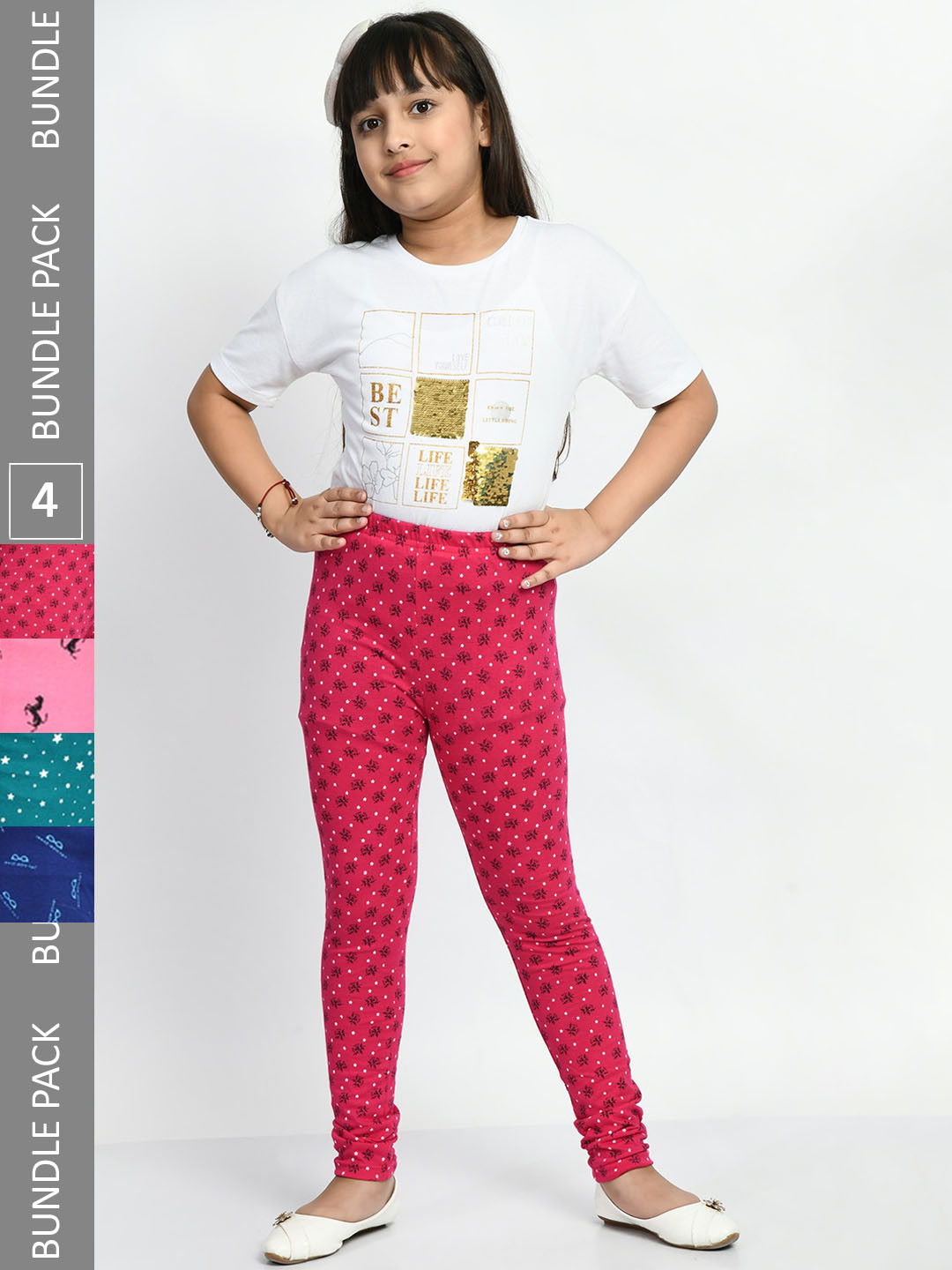 

BAESD Girls Pack of 4 Printed Super Soft Pure Cotton Churidar- Length Leggings, Blue