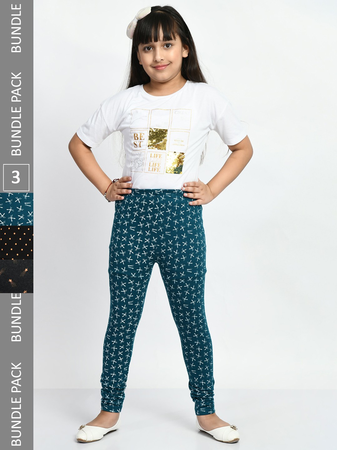 

BAESD Girls Pack Of 3 Printed Churidar Length Pure Cotton Leggings, Sea green